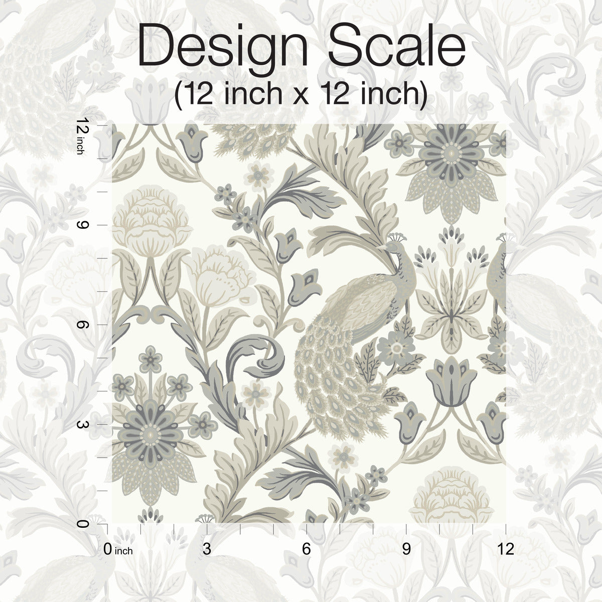 A square swatch of luxurious decor featuring a floral and peacock pattern in neutral colors, displayed on a 12-inch by 12-inch scale. Surrounding the swatch is an expansive Decor2Go Winnipeg Plume Dynasty Peacock & Floral Wallpaper White/Neutral (60 SqFt) with detailed flowers, leaves, and peacocks in soft beige and gray tones.