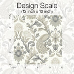 A square swatch of luxurious decor featuring a floral and peacock pattern in neutral colors, displayed on a 12-inch by 12-inch scale. Surrounding the swatch is an expansive Decor2Go Winnipeg Plume Dynasty Peacock & Floral Wallpaper White/Neutral (60 SqFt) with detailed flowers, leaves, and peacocks in soft beige and gray tones.