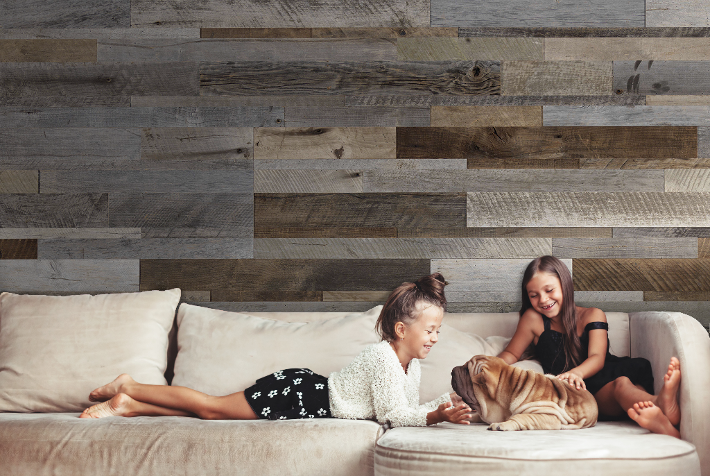 Two smiling young girls lying on a couch, interacting playfully with a large brown dog against a Decor2Go Wallpaper Mural background.