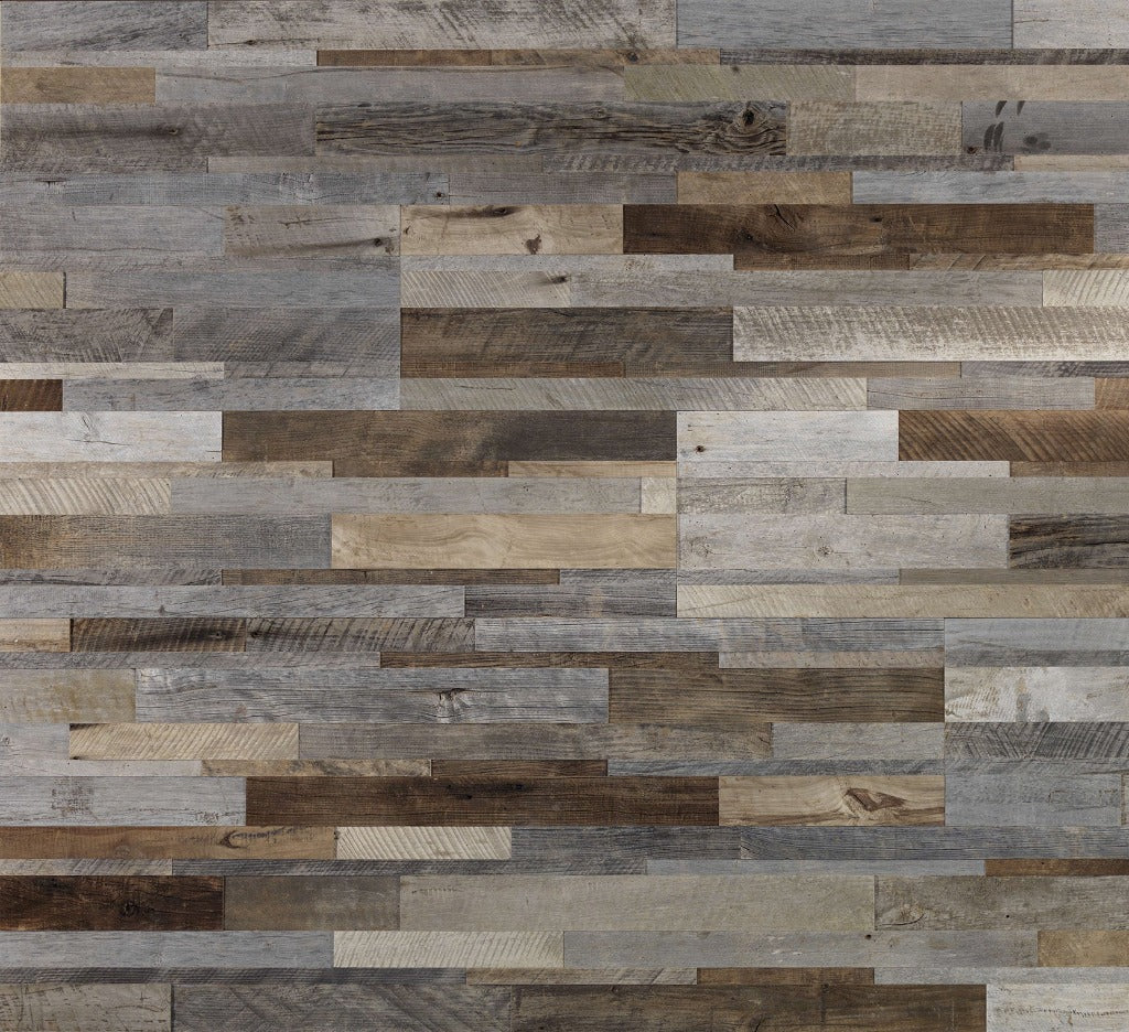 A detailed image showing a wall designed with Decor2Go Reclaimed Wood Wallpaper Mural arranged in a herringbone pattern, featuring a variety of gray and brown tones.