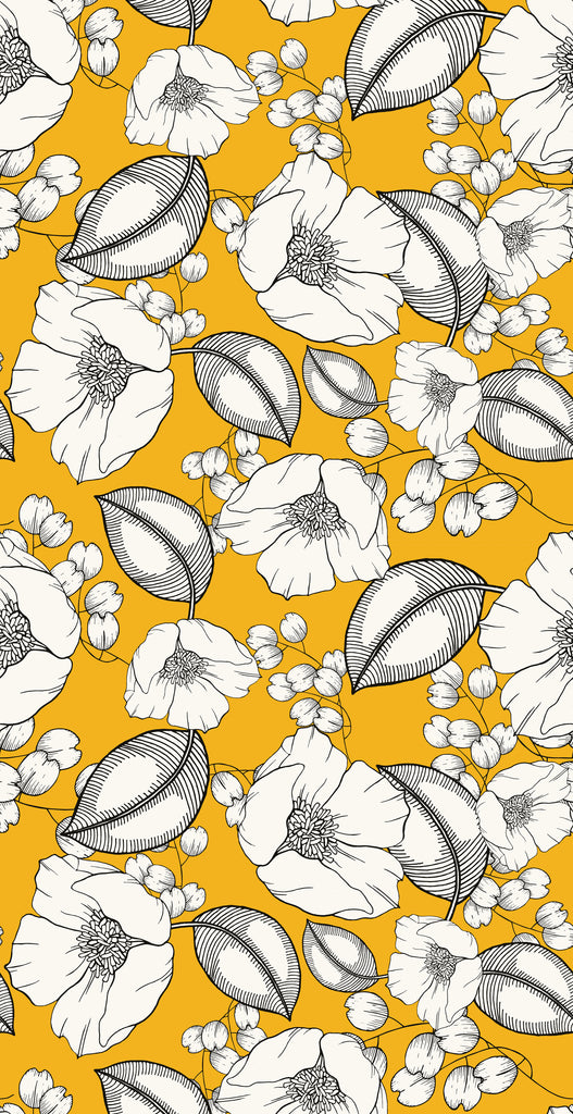 Seamless Retro Floral Wallpaper Mural featuring white flowers and leaves with detailed black outlines on a vibrant yellow background by Decor2Go Wallpaper Mural.