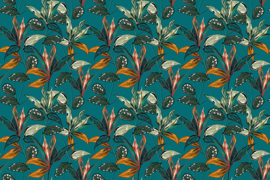 A seamless Retro Tropical Botanical Pattern Wallpaper Mural with various shades of deep green tones, white, and vibrant orange leaves layered over a teal background by Decor2Go Wallpaper Mural.