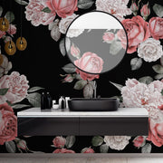 Bathroom - Roses and Peonies Over Black Wallpaper Mural in the bathroom