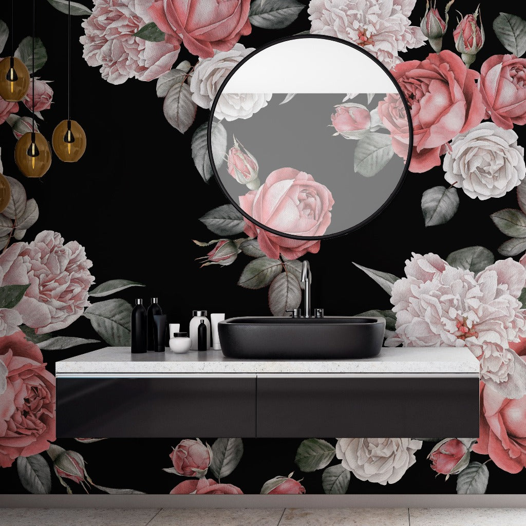 Roses and Peonies Over Black Wallpaper Mural in the bathroom