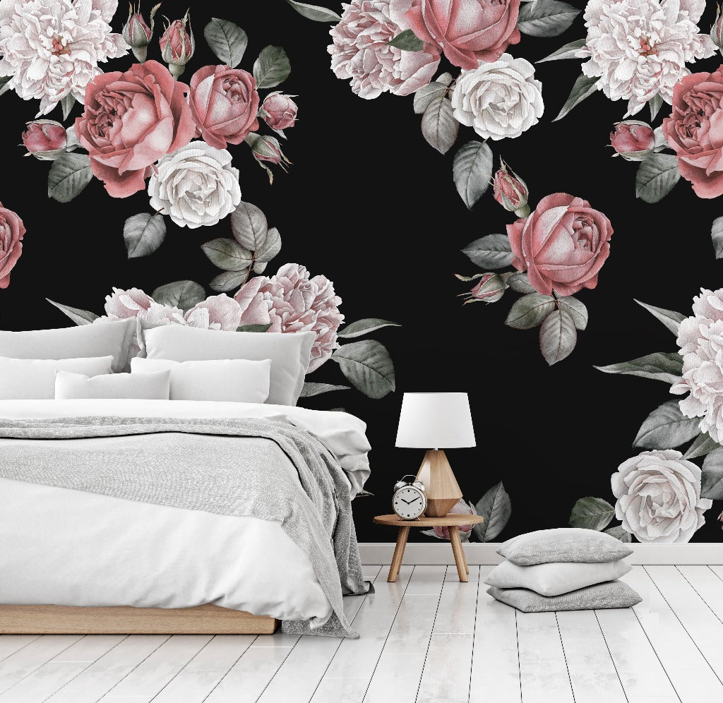 Roses and Peonies Over Black Wallpaper Mural in the room