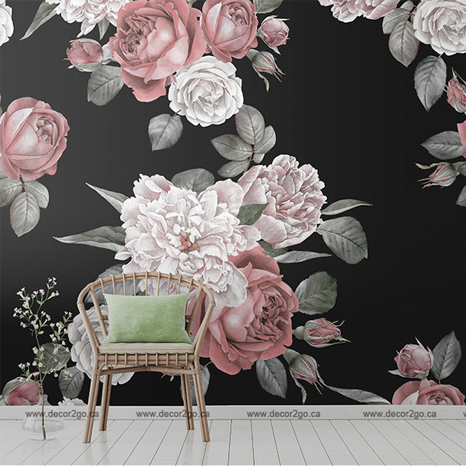 Roses and Peonies Over Black Wallpaper Mural in the entry room