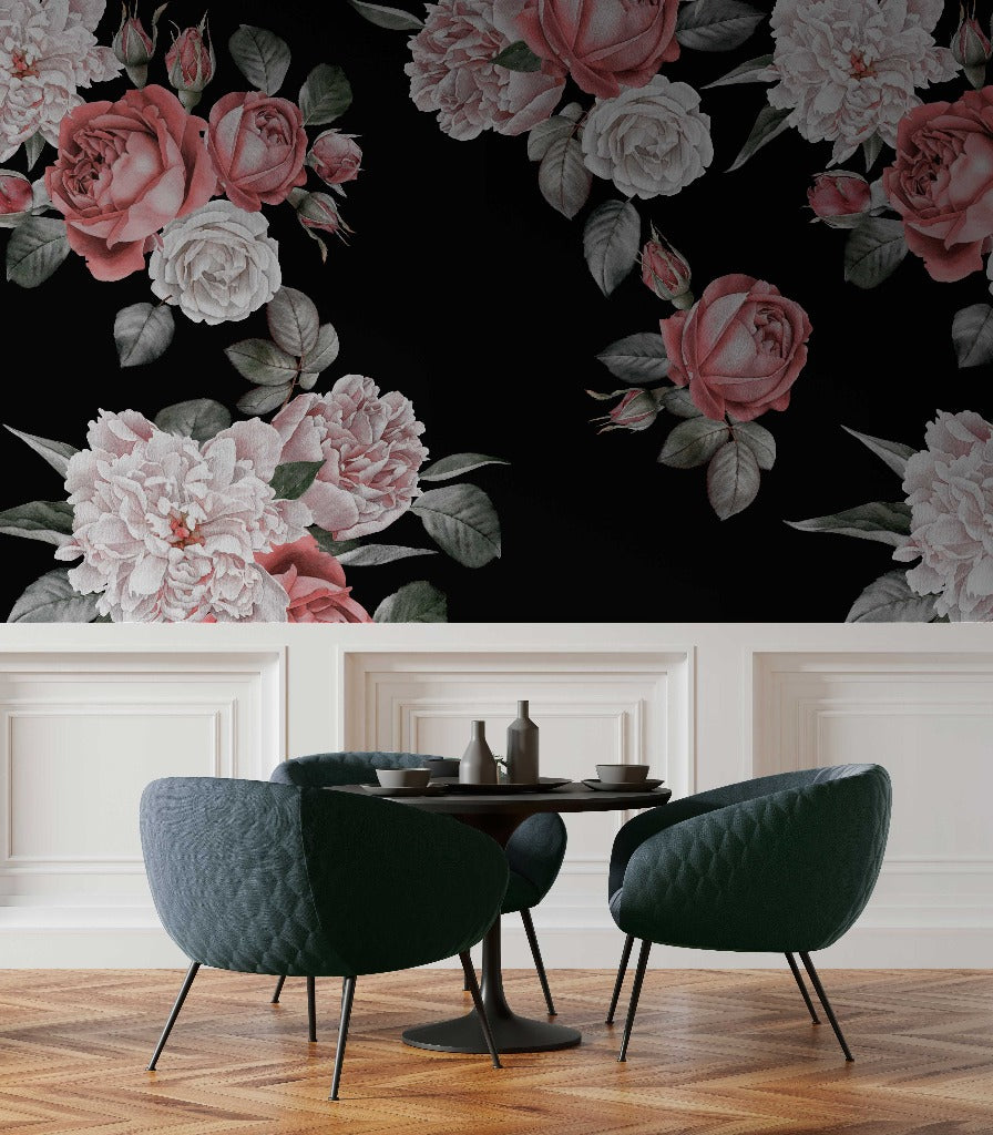 Roses and Peonies Over Black Wallpaper Mural in the dining room