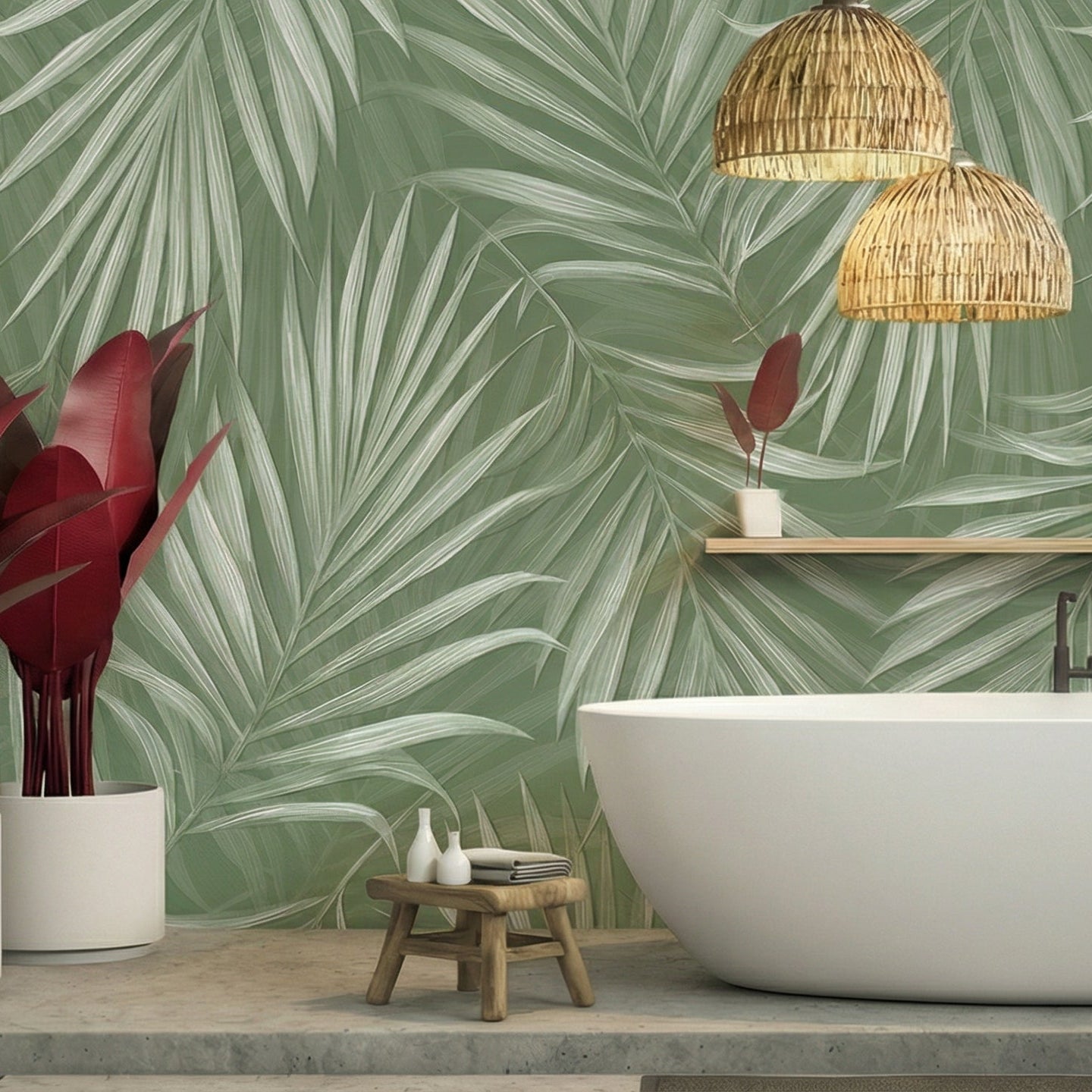 Bathroom - Modern bathroom with a green leafy wallpaper, white freestanding bathtub, and decorative items.