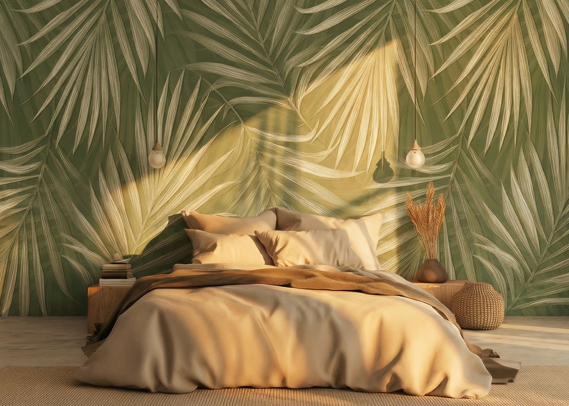 Bedroom - Bedroom with palm leaf wallpaper and beige bedding