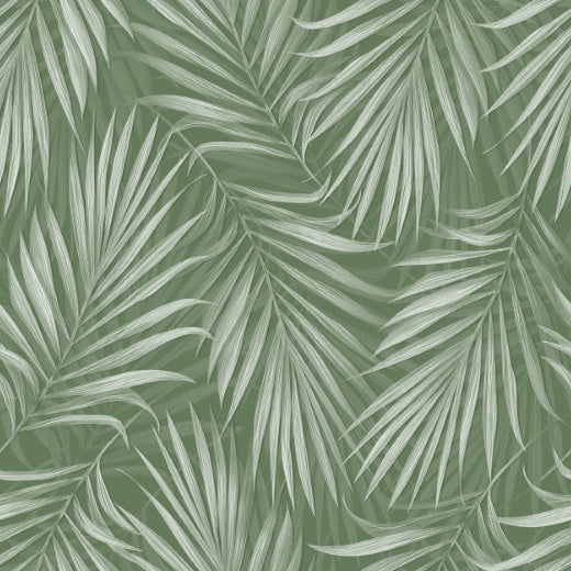 Pattern of green palm leaves on a dark green background