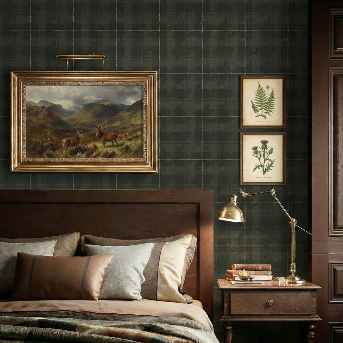 Bedroom - Decorative bedroom with plaid wallpaper, framed artwork, and a wooden nightstand.