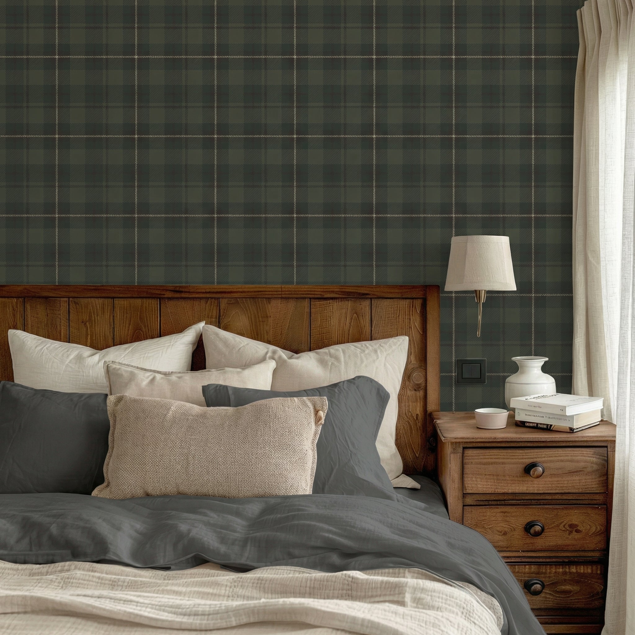 Bedroom - Bedroom with plaid wallpaper, wooden headboard, and nightstand with lamp.
