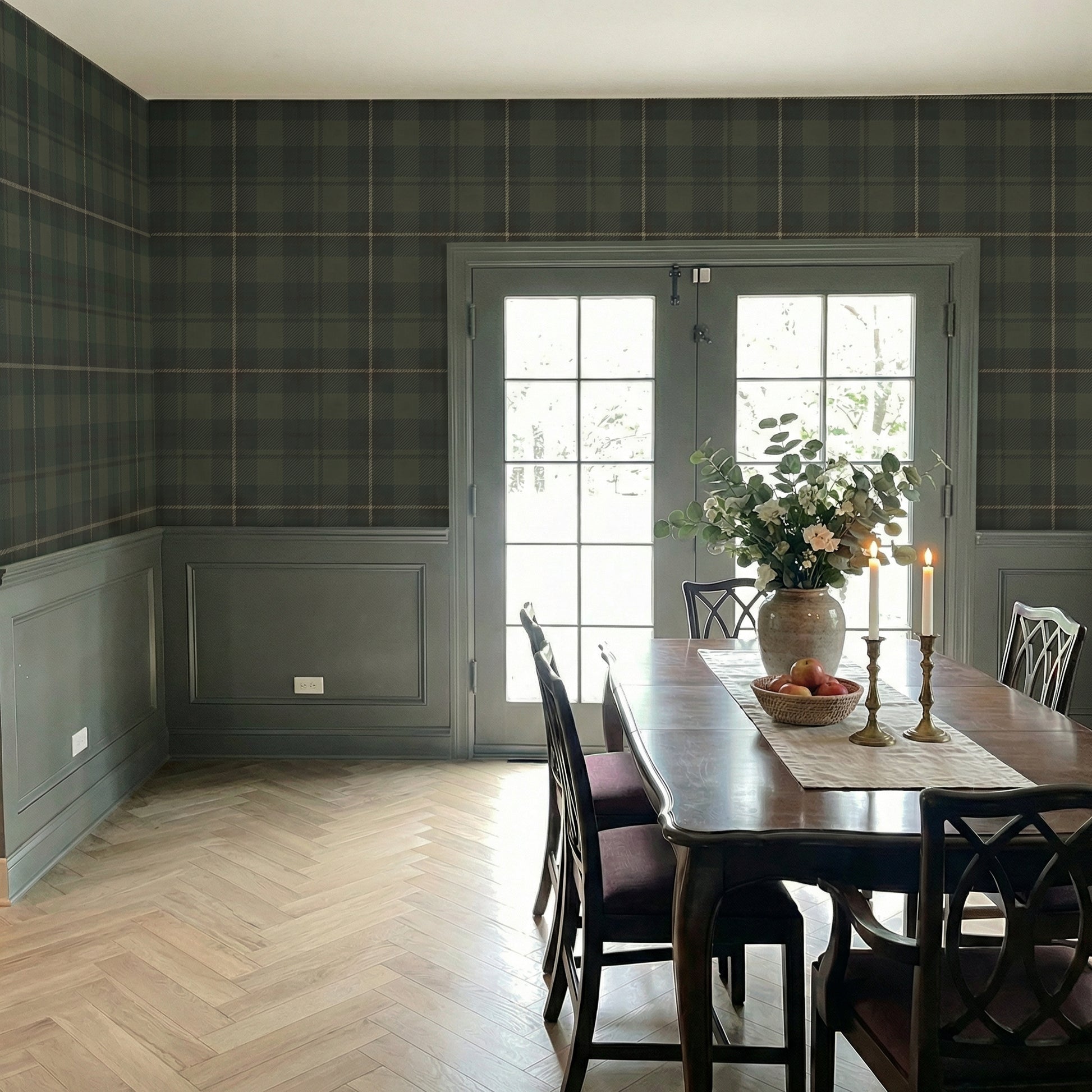 Dining Room - Dining room with plaid wall paper, wooden table, and chairs.