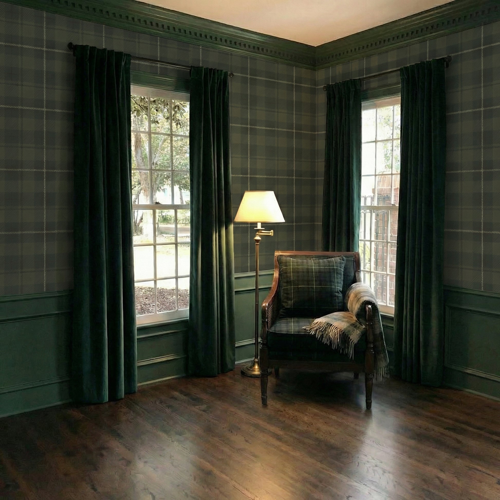 Cozy room with plaid curtains, chair, and lamp in a home interior setting.