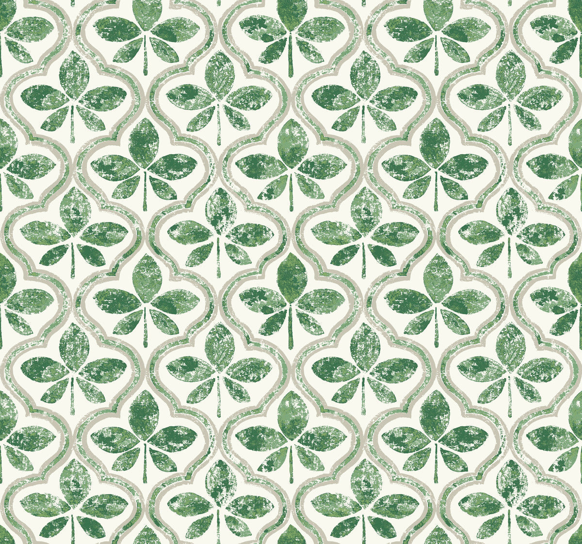 Seamless pattern featuring green shamrocks with a textured, distressed look on a light background. The shamrocks are arranged in a repeating, interlocking design with white and light green accents, adding geometric elegance. Ideal for York Wallcoverings Sevilla Clover Wallpaper Green (60 Sq.Ft.) installations.