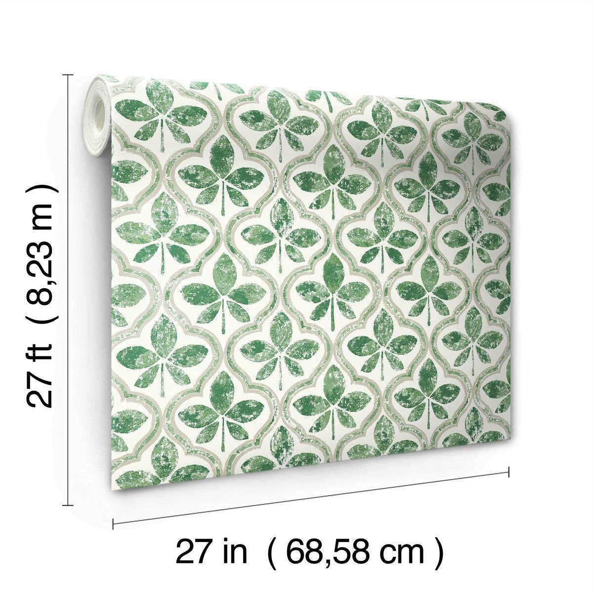 A roll of Sevilla Onyx Wallpaper Black, Brown (60 Sq.Ft.) by York Wallcoverings with a green and white quatrefoil pattern featuring clover-like designs. The roll, partially unrolled to display its geometric elegance, measures 27 feet (8.23 meters) in length and 27 inches (68.58 centimeters) in width, incorporating SureStrip technology for easy application.