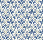 A repeating vintage-inspired pattern featuring blue, clover-like shapes set in a symmetrical design against a light beige background. This Sevilla River Rock Wallpaper Grey (60 Sq.Ft.), made by York Wallcoverings, showcases distressed blue shapes that impart an aged, antique look of geometric elegance.