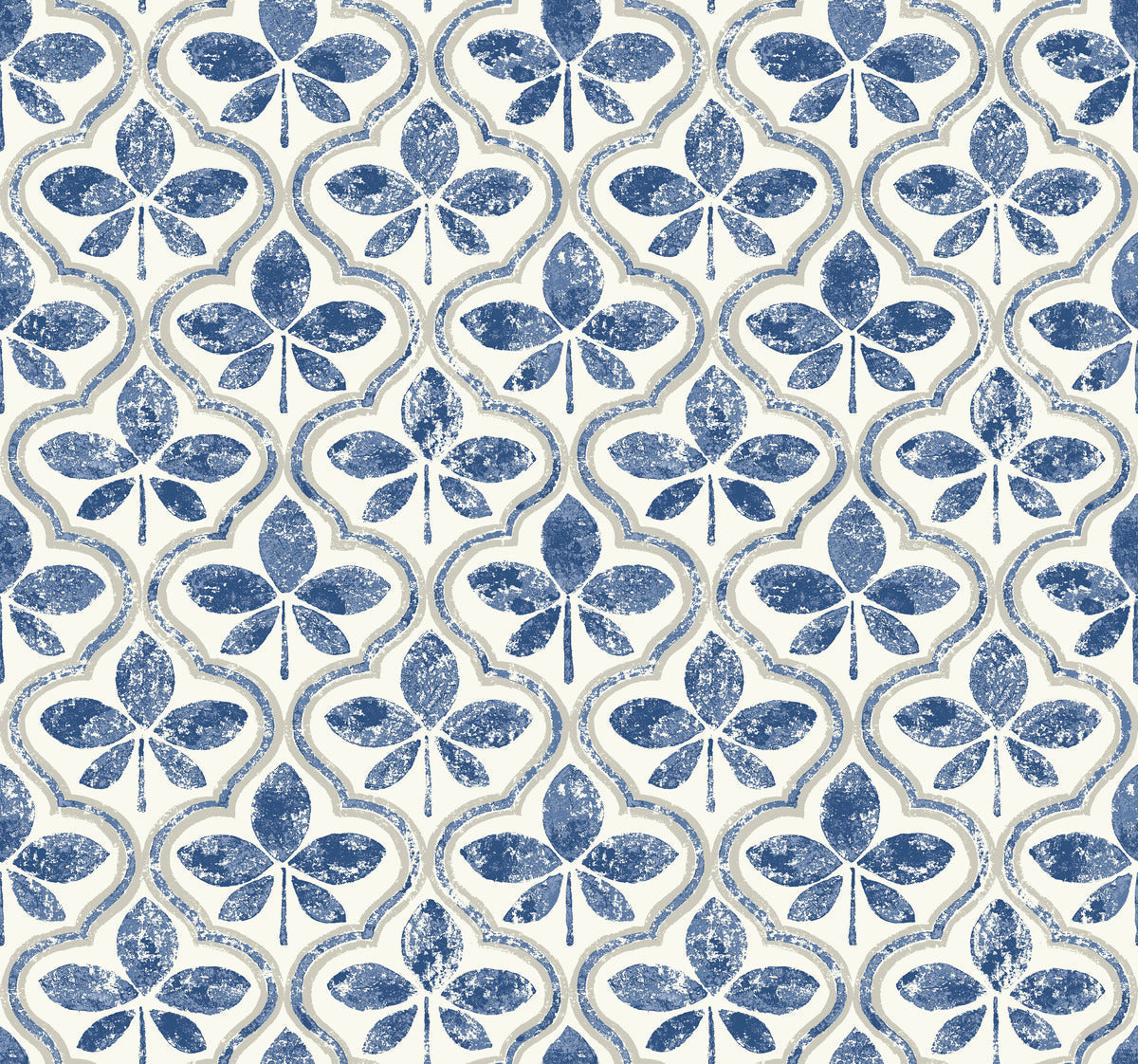 A seamless floral pattern with stylized blue flowers on an off-white background. The flowers have a symmetrical design with four rounded petals each, arranged in a repeating grid format, evoking geometric elegance and creating a vintage, textured appearance perfect for Sevilla Clover Wallpaper Green (60 Sq.Ft.) by York Wallcoverings.