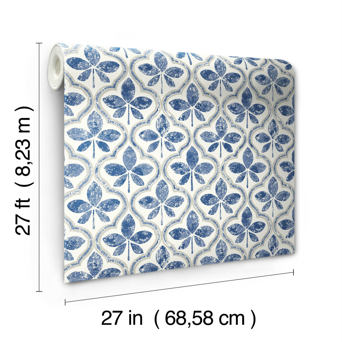 A roll of York Wallcoverings Sevilla Clover Wallpaper Green (60 Sq.Ft.) with a blue and white floral pattern is displayed. The wallpaper roll's length is shown as 27 feet (8.23 meters) and its width as 27 inches (68.58 centimeters). This design adds geometric elegance to any space.