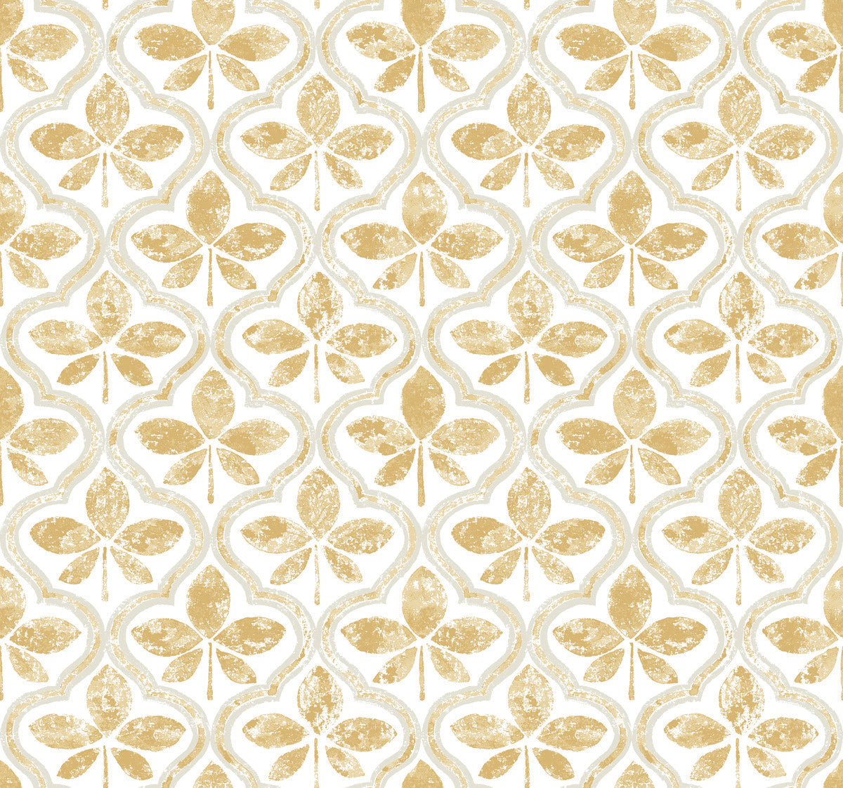 A repetitive pattern of stylized, gold fleur-de-lis with a distressed texture on a white background. The design appears vintage and symmetrical, creating a visually appealing and ornate effect, perfect for adding geometric elegance to any room with Sevilla Clover Wallpaper Green (60 Sq.Ft.) by York Wallcoverings.