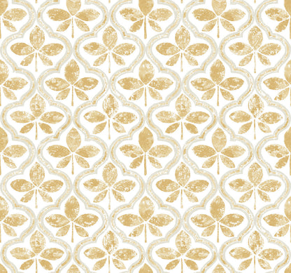 A repetitive pattern of stylized, gold fleur-de-lis with a distressed texture on a white background. The design appears vintage and symmetrical, creating a visually appealing and ornate effect, perfect for adding geometric elegance to any room with Sevilla Clover Wallpaper Green (60 Sq.Ft.) by York Wallcoverings.