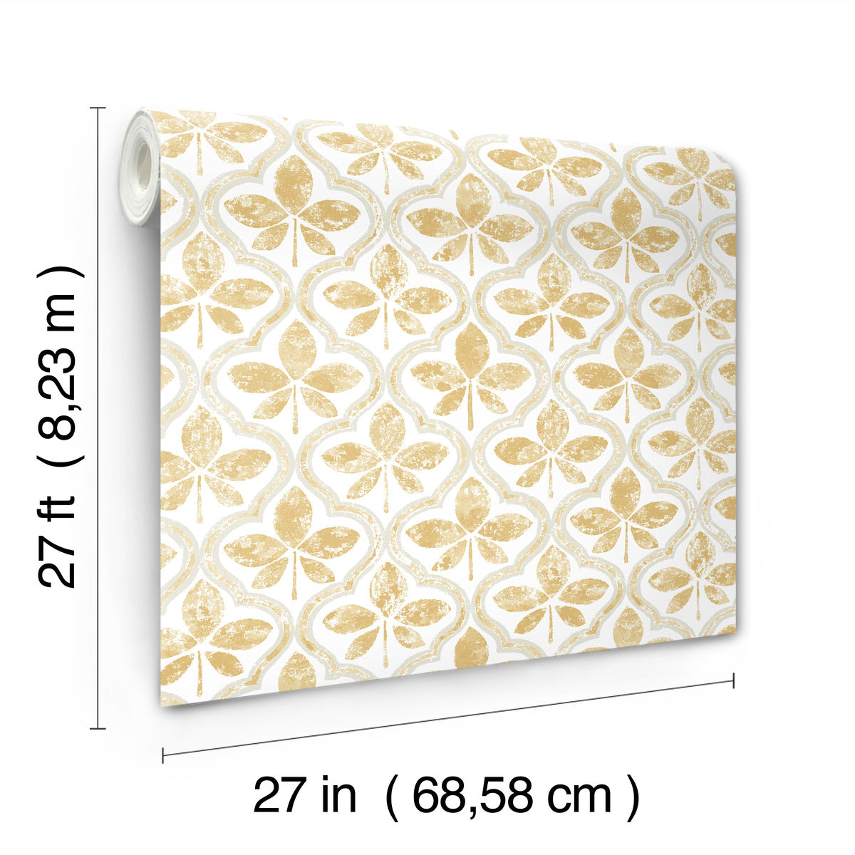 A roll of Sevilla Clover Wallpaper Green (60 Sq.Ft.) by York Wallcoverings with a symmetrical gold and white butterfly pattern is pictured, showcasing geometric elegance. The dimensions of this SureStripª wallpaper are provided: 27 feet (8.23 meters) in length and 27 inches (68.58 cm) in width.