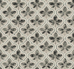 A repeating pattern featuring abstract, clover-like shapes in shades of black, gray, and beige. The design has a vintage, slightly distressed look, with the clover motifs aligned in vertical rows set against a light background. This Sevilla River Rock Wallpaper Grey (60 Sq.Ft.) by York Wallcoverings adds geometric elegance to any space.