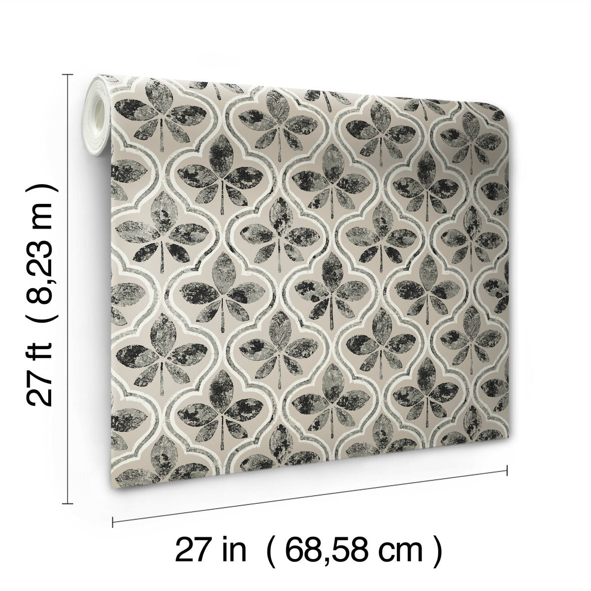 A roll of York Wallcoverings Sevilla Clover Wallpaper Green (60 Sq.Ft.) is shown, featuring a floral-patterned design on a beige background with black and white flowers. Embrace geometric elegance with dimensions of 27 in (width) and 27 ft (length), also specified as 68.58 cm wide for your convenience.