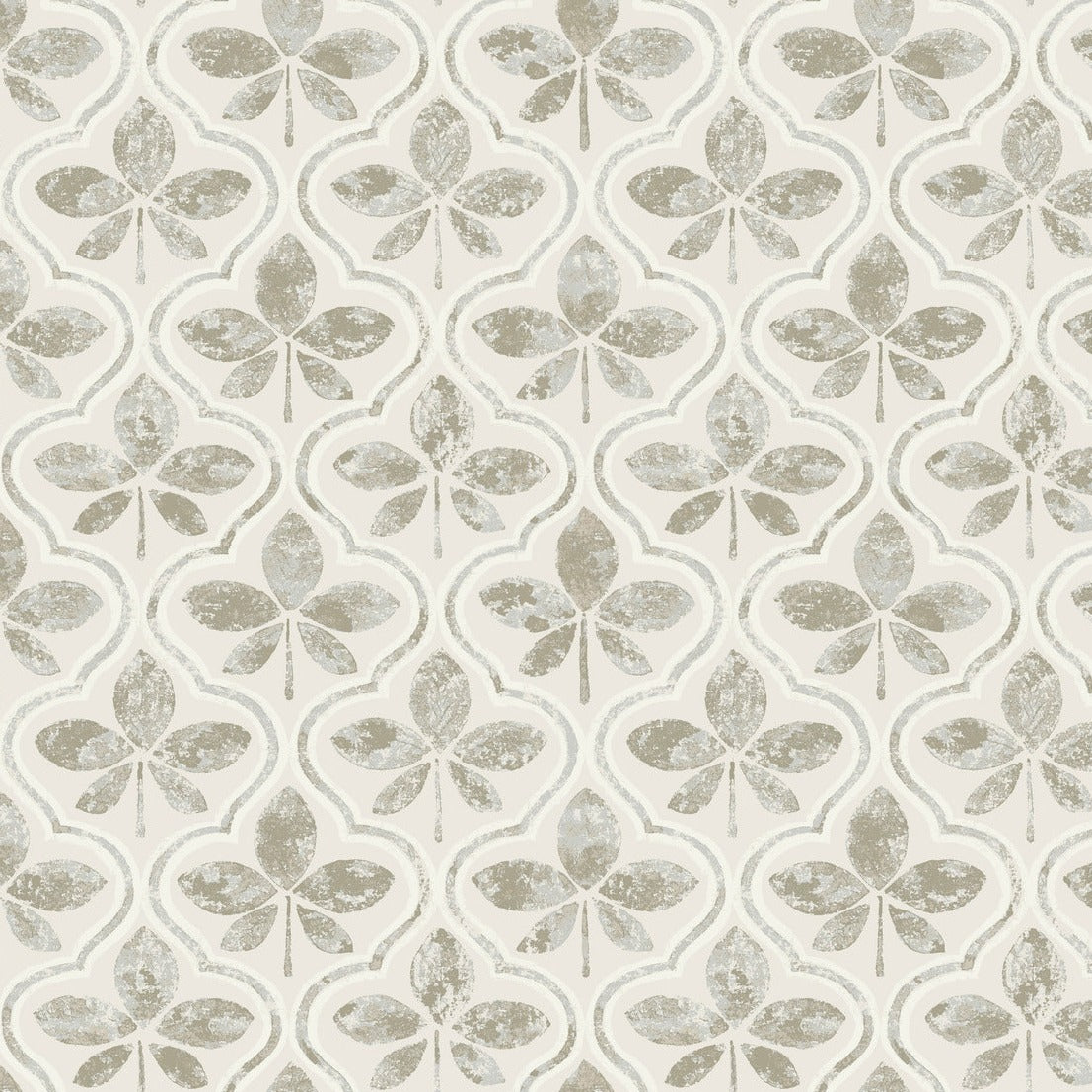 A repetitive floral pattern with beige and light brown four-petal flowers on a light gray background, separated by curving lines forming teardrop shapes around each flower. The design of the York Wallcoverings Sevilla River Rock Wallpaper Grey (60 Sq.Ft.), made with SureStrip Substrate, has a slightly distressed, vintage look that evokes geometric elegance.