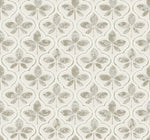 A repetitive pattern of stylized fleur-de-lis-like shapes in shades of beige and light grey on a white background. The Sevilla Onyx Wallpaper Black, Brown (60 Sq.Ft.) by York Wallcoverings design has a vintage, distressed appearance, adding a textured look to the geometric elegance of the pattern.