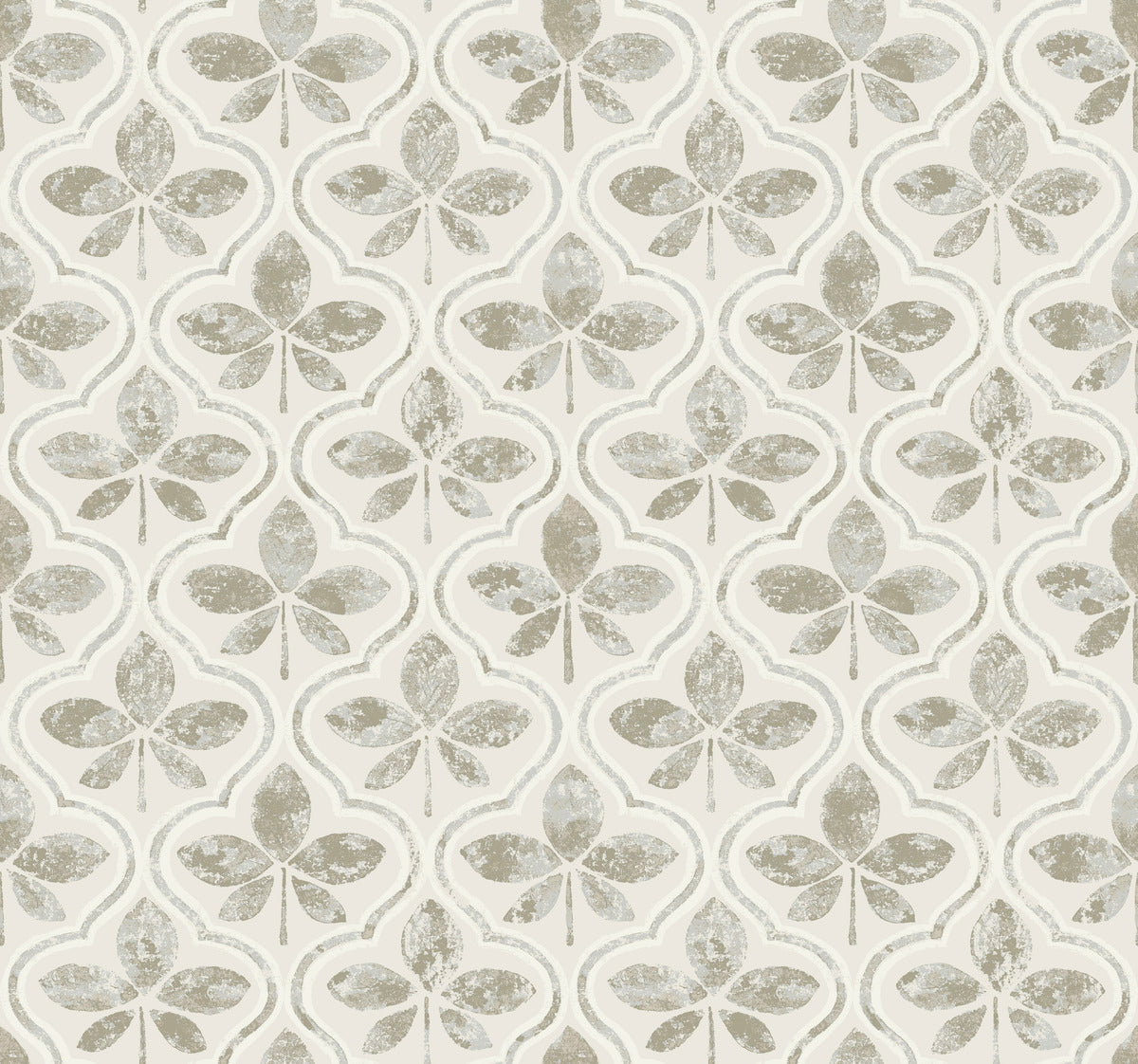 An intricate wallpaper pattern with a repeating design resembling stylized cloverleaf shapes in muted shades of beige and gray. The Sevilla Clover Wallpaper Green (60 Sq.Ft.) by York Wallcoverings features geometric elegance with a subtle distressed texture, giving a vintage feel to the overall look.