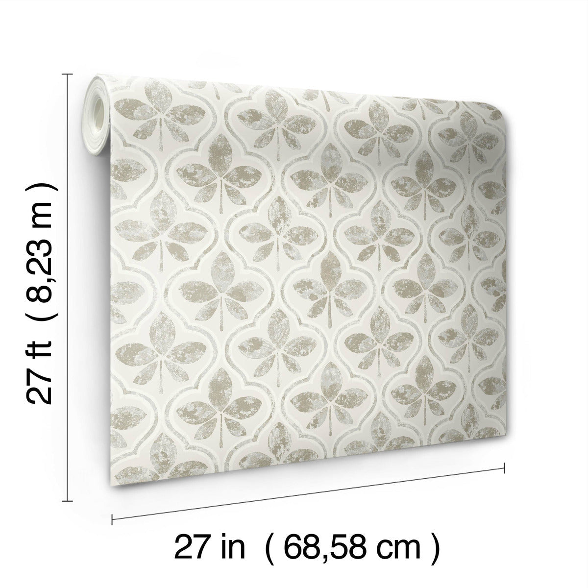 A white roll of Sevilla Clover Wallpaper Green (60 Sq.Ft.) by York Wallcoverings with a repetitive grayish leaf pattern is displayed, showcasing geometric elegance. Measurements are indicated: 27 feet (8.23 meters) in length and 27 inches (68.58 centimeters) in width, featuring the easy-to-apply SureStripª technology.