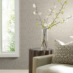 A minimalist living room corner features a light beige sofa with a patterned cushion against York Wallcoverings' Silver on Grey Shimmering Patina Wallpaper. A small wooden side table holds a tall vase with blossoming branches, while soft natural light casts gentle shadows through the window.