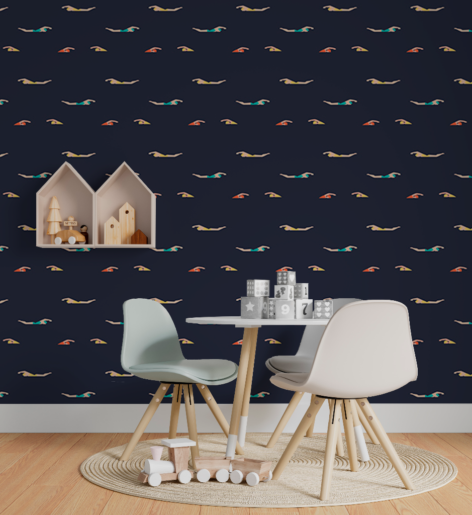 A stylish children's play area with a small wooden table and two chairs on a circular rug, against a navy blue wall adorned with colorful Decor2Go Wallpaper Mural. Wooden toys are