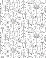 A whimsical black and white illustration featuring an array of forest animals, including hedgehogs and rabbits, surrounded by trees, plants, and mushrooms in a dense Sketchbook Garden Wallpaper Mural pattern by Decor2Go Wallpaper Mural.