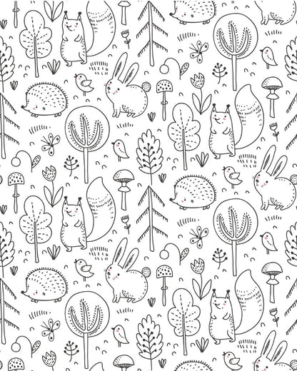 A whimsical black and white illustration featuring an array of forest animals, including hedgehogs and rabbits, surrounded by trees, plants, and mushrooms in a dense Sketchbook Garden Wallpaper Mural pattern by Decor2Go Wallpaper Mural.