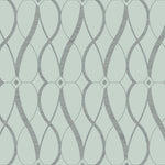 York Wallcoverings' Spa & Silver Graceful Geo Wallpaper (60 SqFt) features a geometric design with interlocking curves and diamonds in light gray and mint green, accented by metallic finishes, offering a symmetrical and modern look from the Modern Metals Collection.