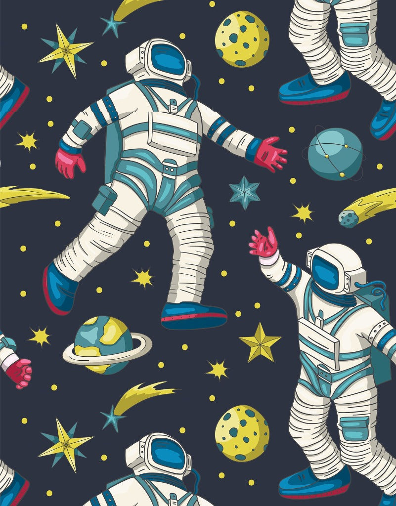 A whimsical astronaut mural featuring astronauts in white space suits floating among stars and colorful planets on a dark blue background - Decor2Go Wallpaper Mural.