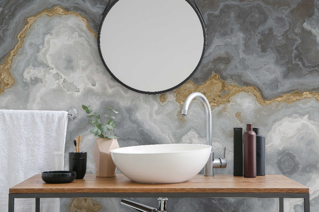 Stone Beach Wallpaper Mural in the bathroom marble gray with gold fractions