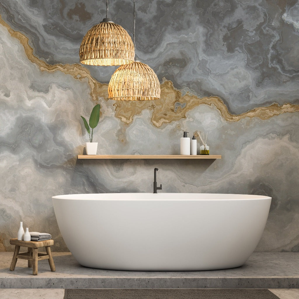 Stone Beach Wallpaper Mural in the bathroom marble gray with gold fractions