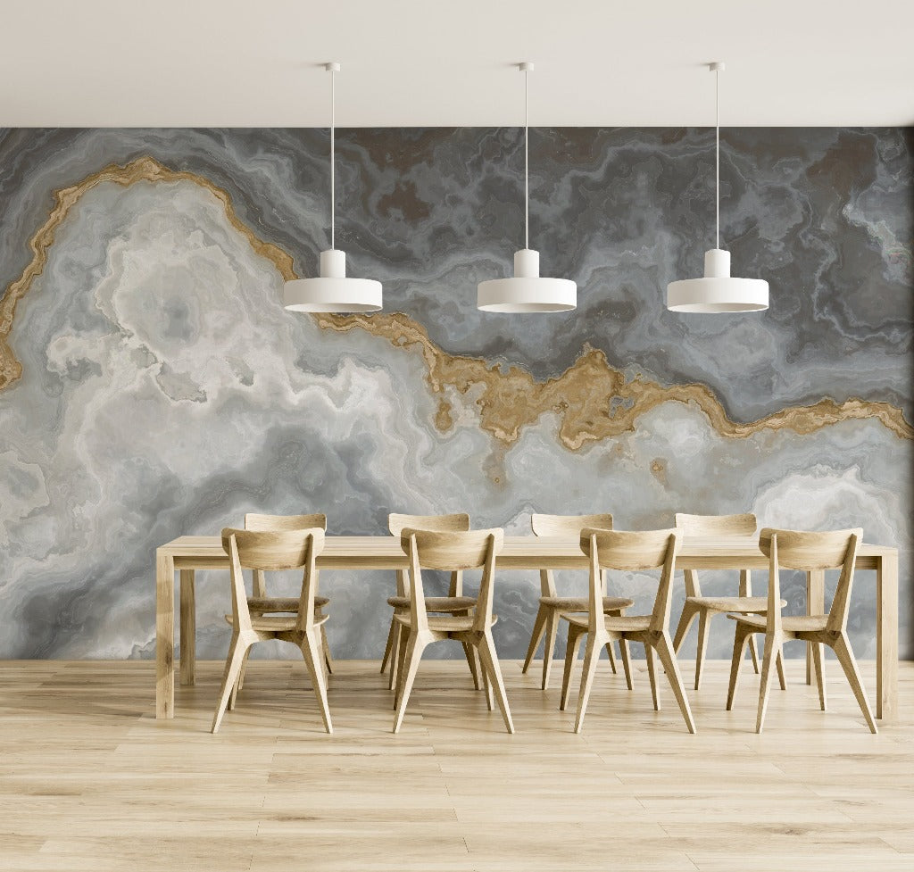 Stone Beach Wallpaper Mural in the dining room marble gray with gold fractions