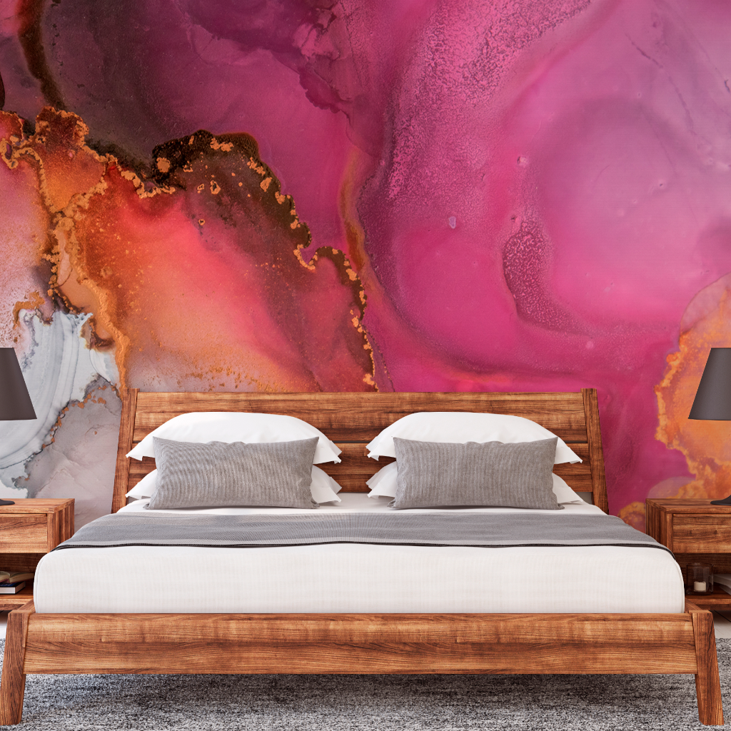 Stones are fun- Ethereal Art Wallpaper Mural in the bedroom. Pink and orange wallpaper murals
