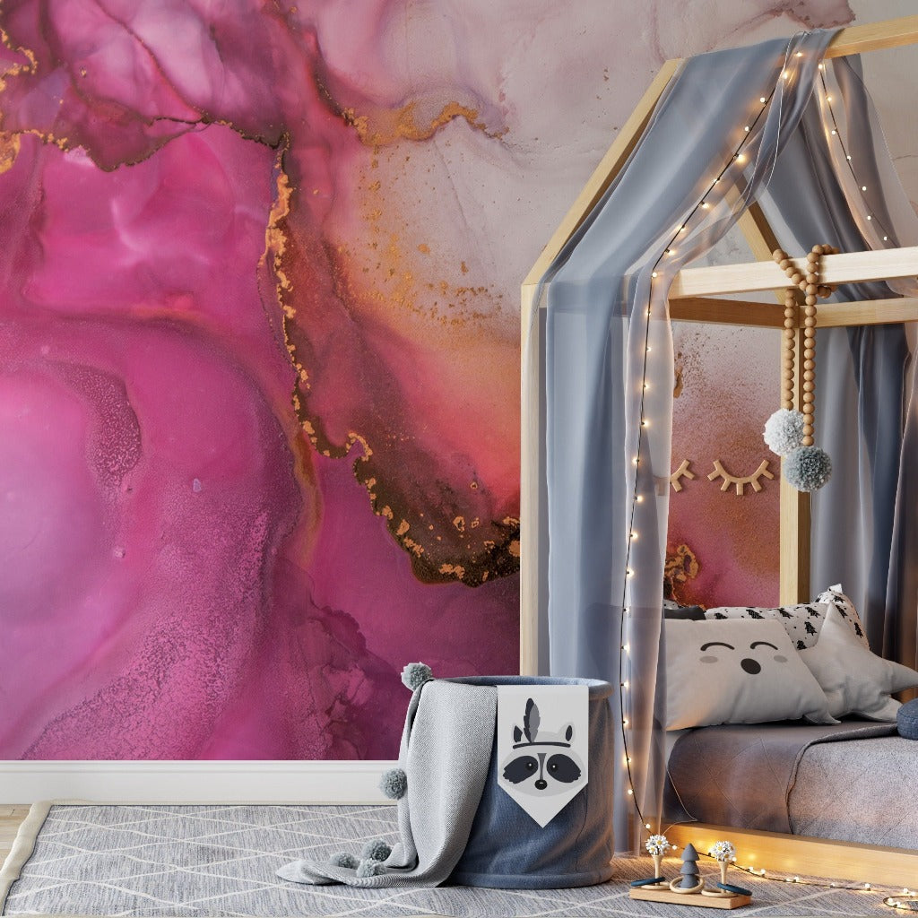 Kids Room - Stones are fun- Ethereal Art Wallpaper Mural in the kids room. Pink marble wallpaper