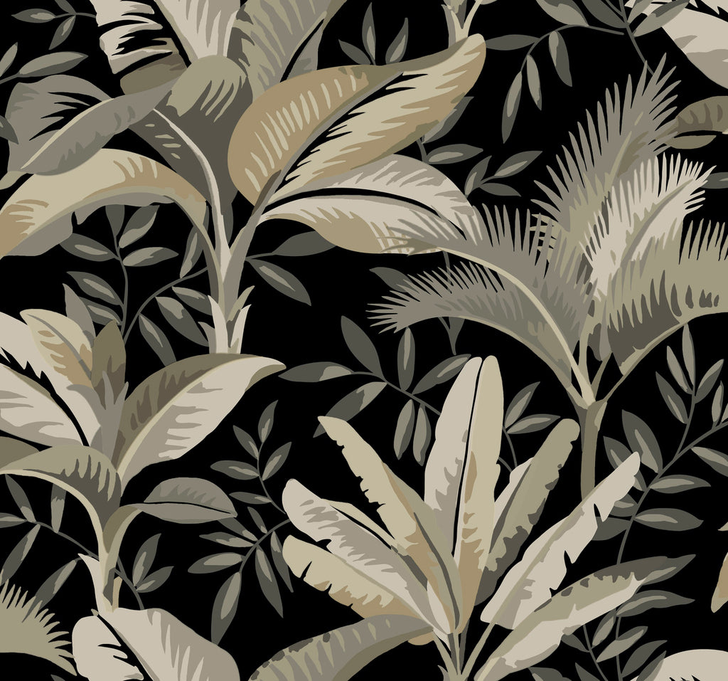 Various tropical leaves in neutral tones overlap on a dark background in a dense, botanical pattern, ideal for York Wallcoverings' Summerhouse Midnight Wallpaper in Orange and Green (60 Sq.Ft.).