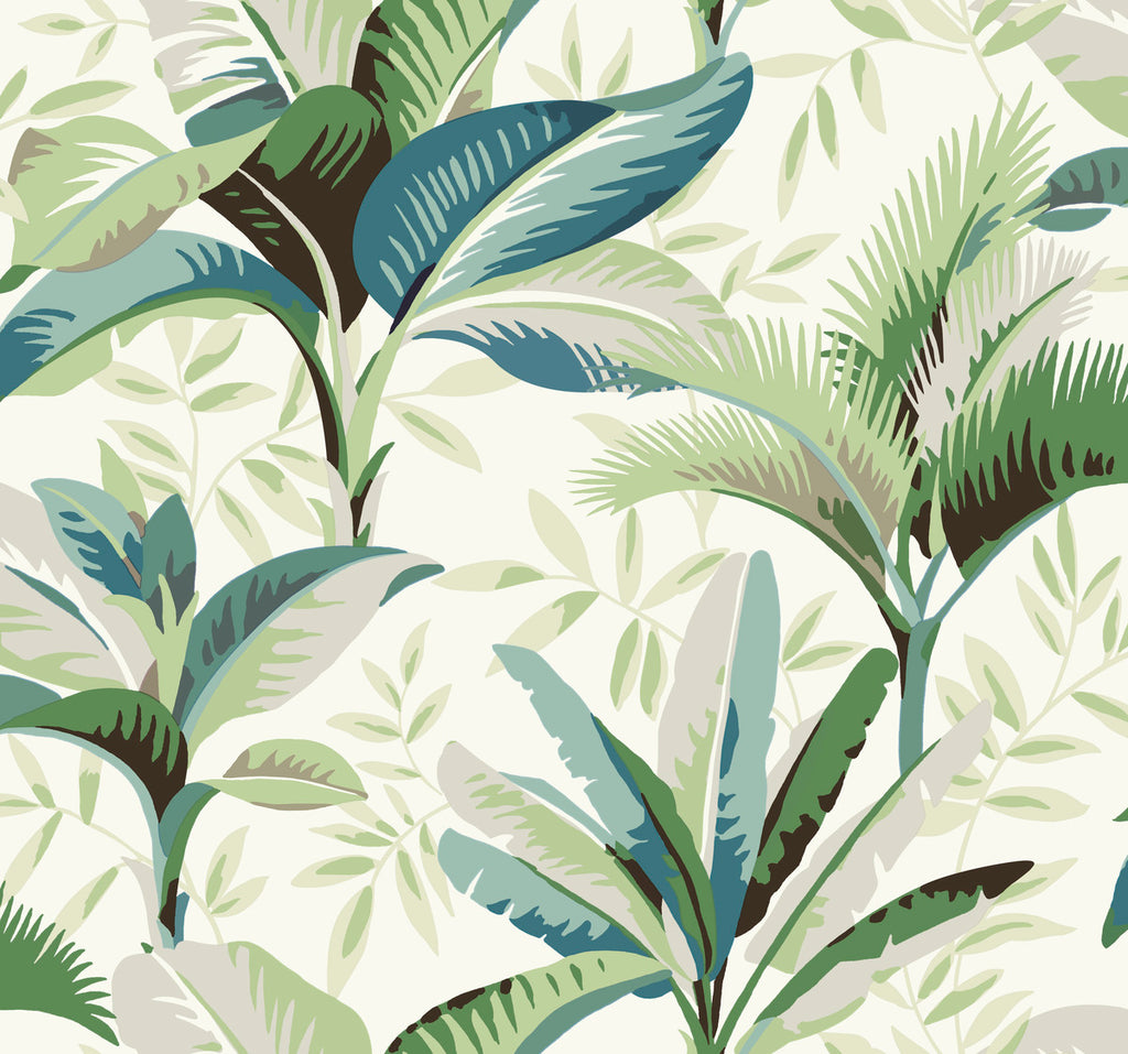 A seamless tropical pattern featuring various green, blue, and teal leaves on a light beige background, designed in a dense, overlapping layout, perfect for York Wallcoverings' Summerhouse Midnight Wallpaper Orange, Green (60 Sq.Ft.).