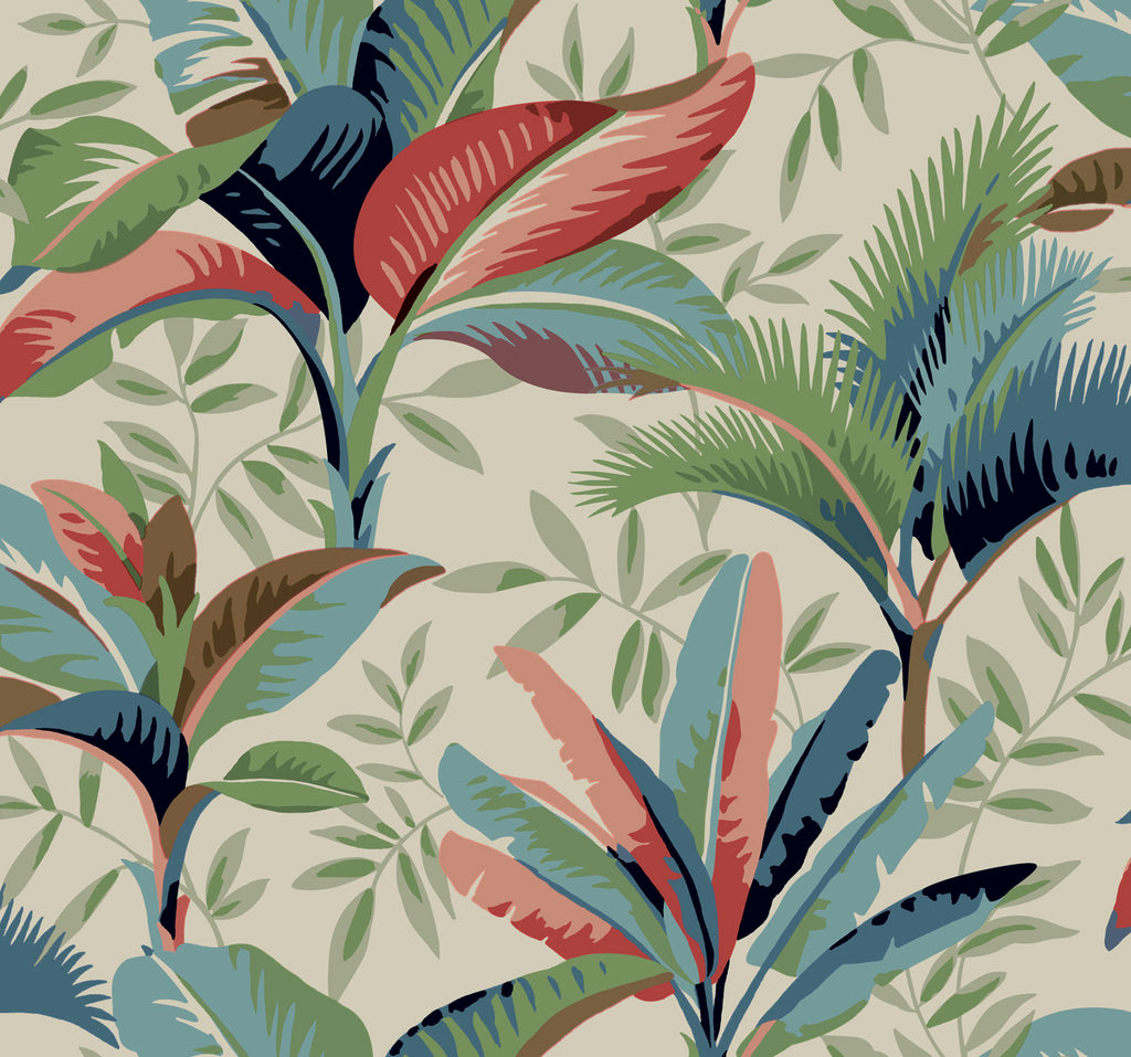 A colorful tropical leaf pattern with various shapes and sizes of leaves in red, blue, and green hues on a neutral background, designed as Summerhouse Midnight Wallpaper Orange, Green (60 Sq.Ft.) by York Wallcoverings.