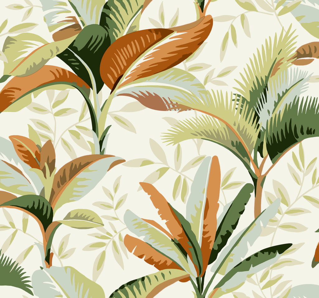 Colorful tropical foliage pattern including various types and shapes of leaves in shades of green, orange, and brown on a light background, ideal for York Wallcoverings' Summerhouse Midnight Wallpaper Orange, Green (60 Sq.Ft.).