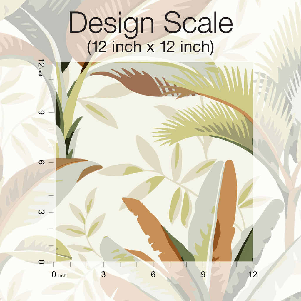 Illustrative image showcasing a Summerhouse Midnight Wallpaper Orange, Green design scale with a botanical theme of various tropical leaves and plants in muted colors. Rulers on the left and bottom edge measure the size.