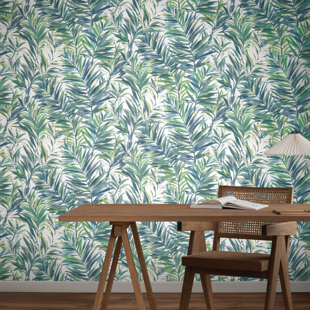 Swaying Palms Green & Blue Wallpaper (60 SqFt)
