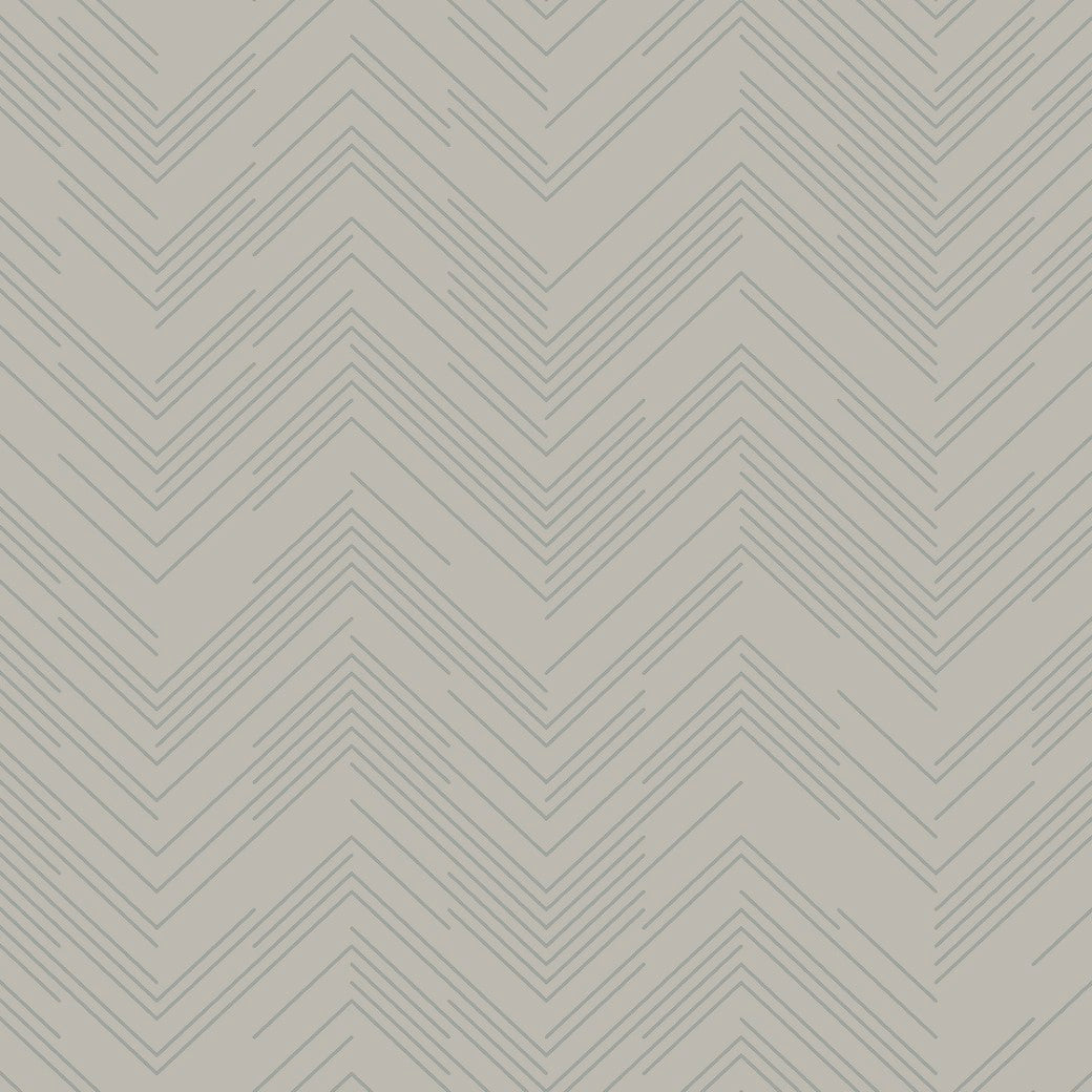 The Taupe & Silver Polished Chevron Wallpaper by York Wallcoverings features a zigzag design with thin blue lines, creating a geometric elegance on a light beige background.